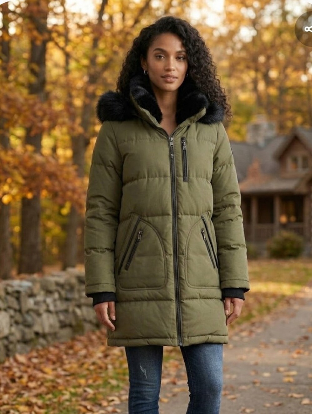 Vince Camuto Green Faux Trim Down Puffer Coat